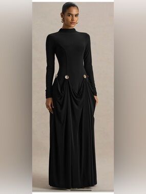 Elegant Club L London Black Draped Long Sleeve modest Maxi Dress